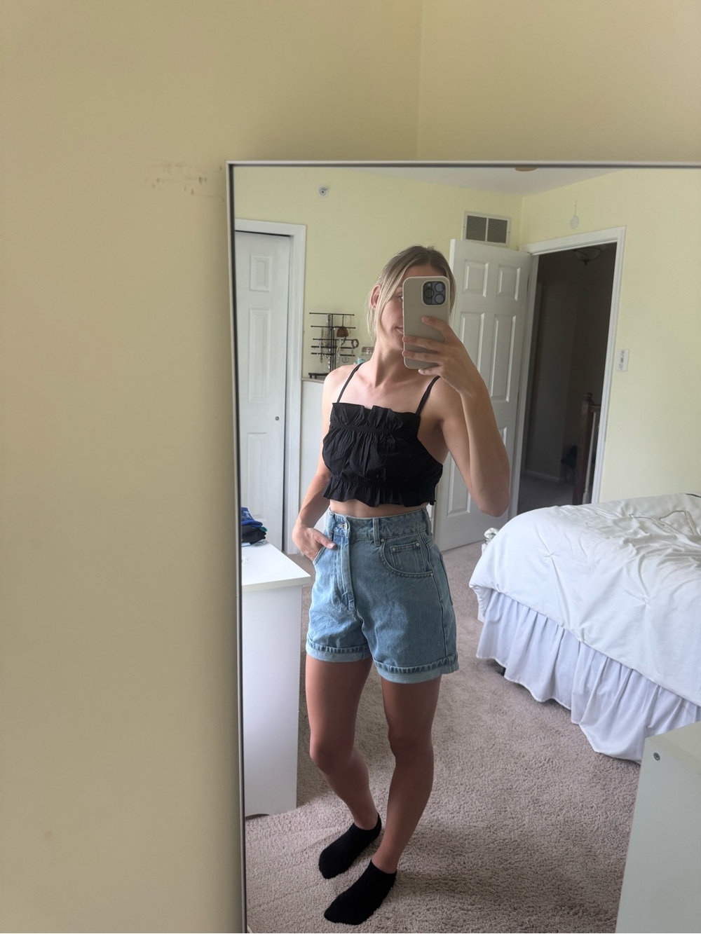 H&M Black Ruffle Crop Top with Spaghetti Straps